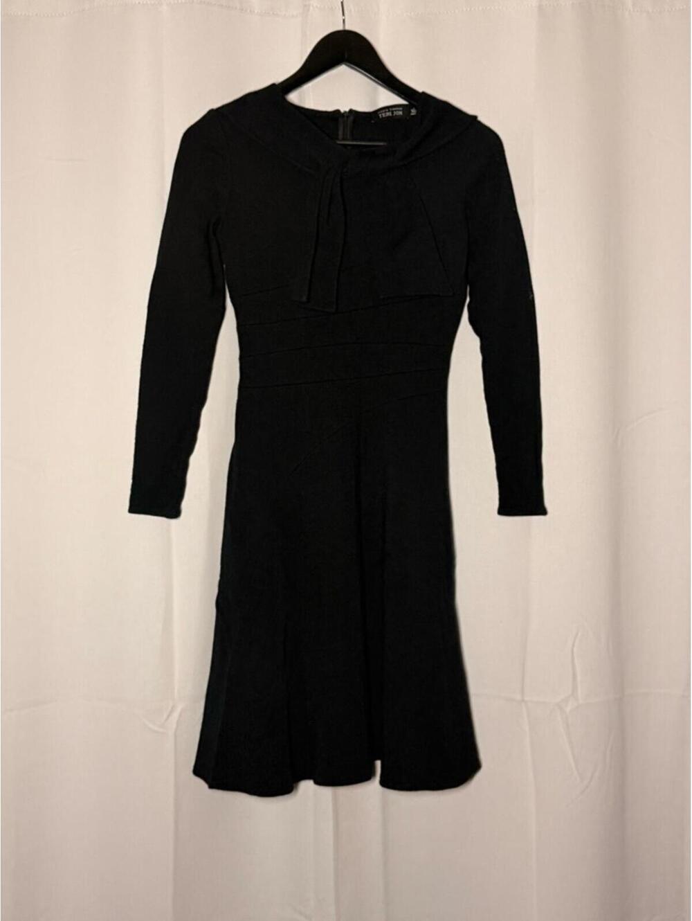 Rickie Freeman Teri Jon Black Long-Sleeve Knit Dress with Neck Tie Detail
